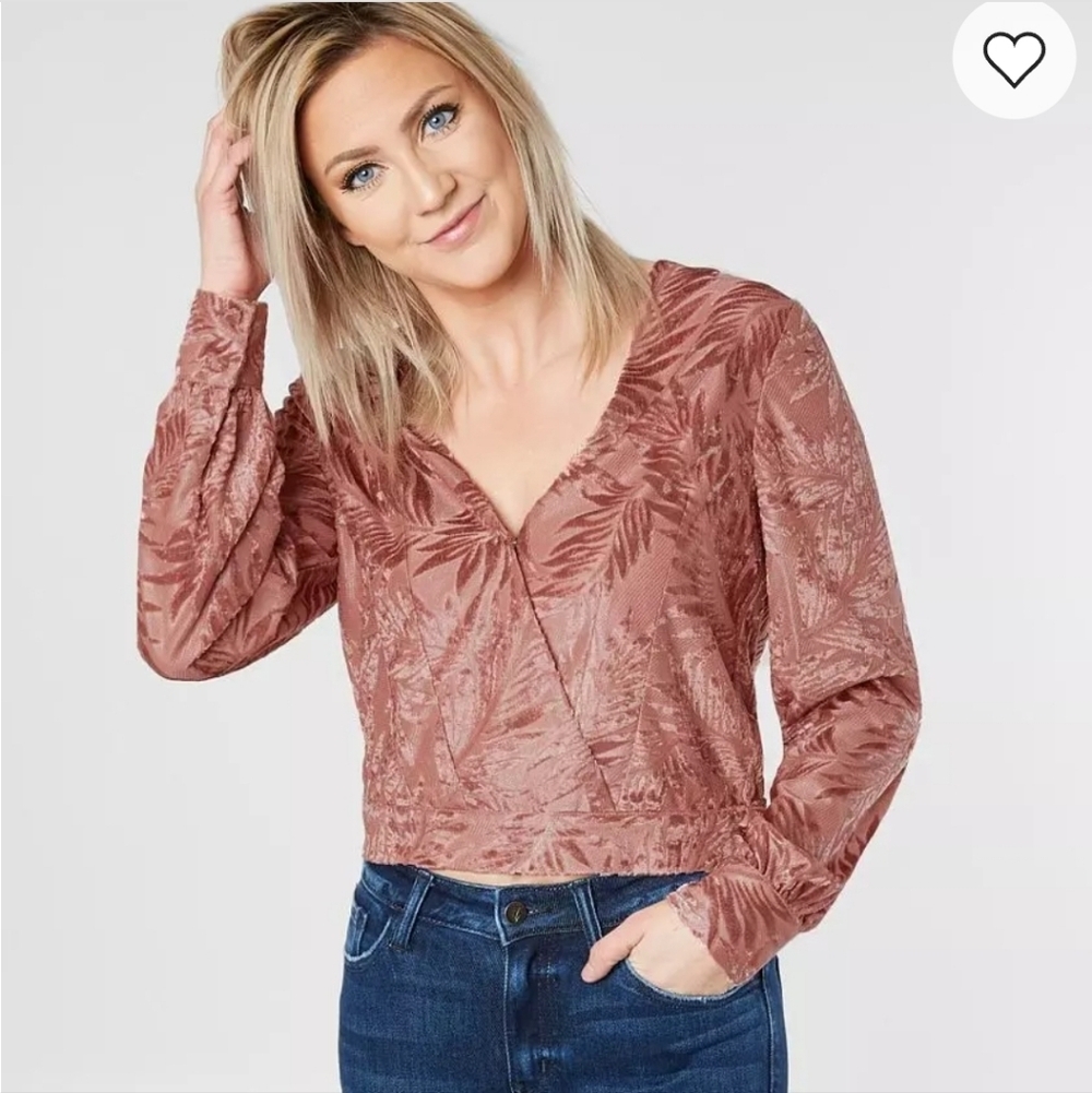 Willow & Root Women's Velvet Pink Floral Faux Wrap Cropped Top. Sz M Festival
